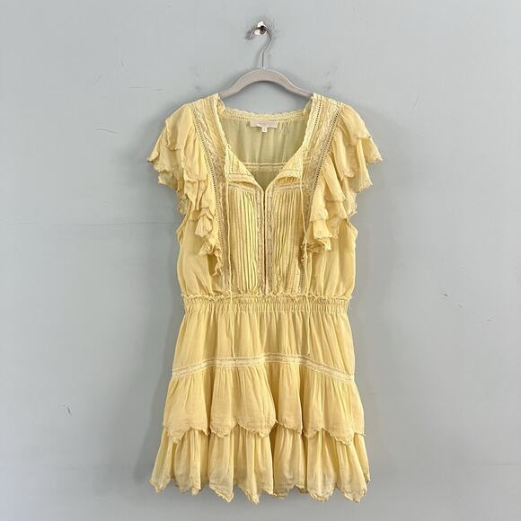 LoveShackFancy Darryl Lace Trim Pale Yellow Flutter Sleeve Ruffle Mini Dress - Picture 4 of 8